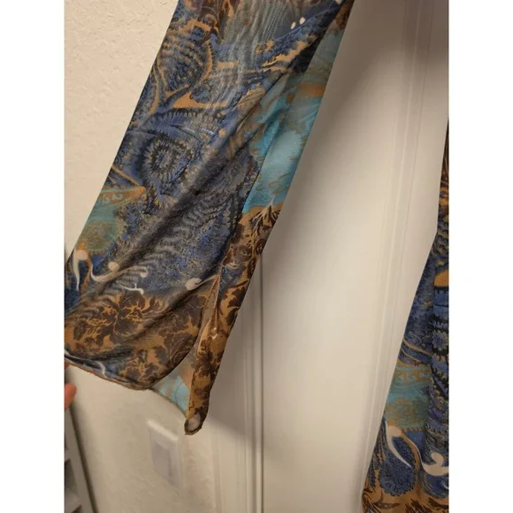 Vintage Blue Brown Paisley Sheer Mesh Tie Front V-Neck Long Sleeve Fairy Boho - Picture 4 of 9